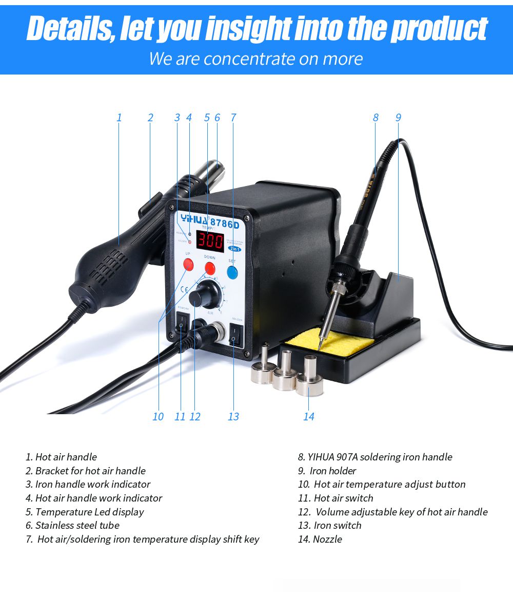 YIHUA 8786D 110V 220V Hot Air Soldering Station Solderi