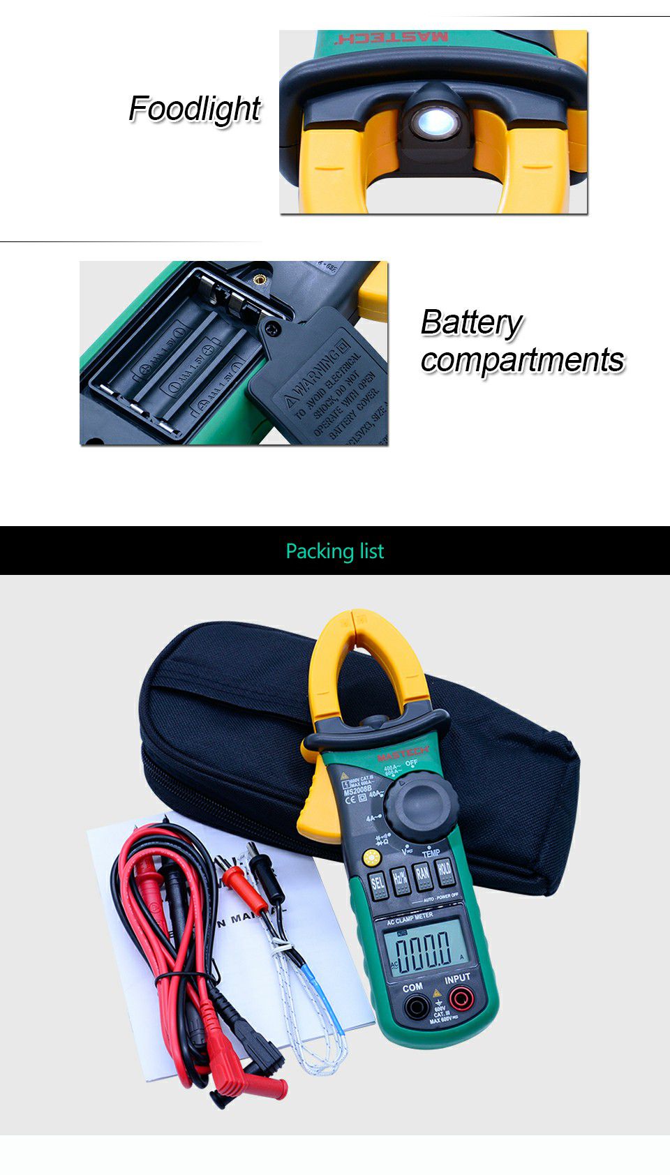 MS2008B Auto Manual Range Digital Clamp AC Volt Current 