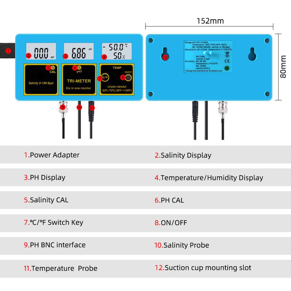 4 in 1 Online PH Salinity Temperature Humidity Water Quality Food Beverages Salt Content Aquarium Seawater ATC Meter