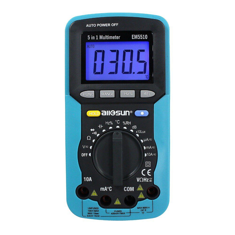 5 in 1 Digital Multimeter Sound Level Humidity Luminosity Temperature LCD AC/DC Multimeter Volt Amp Ohm Tester EM5510 ALL SUN