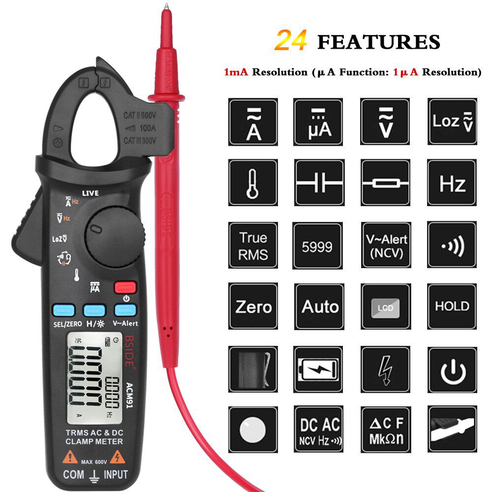 ACM91 Digital Clamp Meter True RMS 6000 DC/AC 100A 1mA Ammeter multimeter Car Current Voltmeter capacitance temp tester