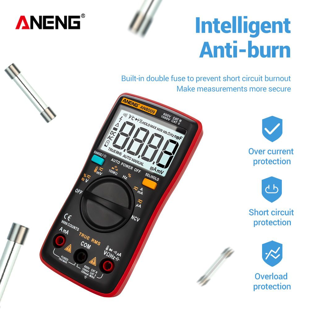 AN8009 True-RMS Digital AC/DC Multimeter Transistor Tester Professional Automotive Electrical Capacitance Meter Temp Diode