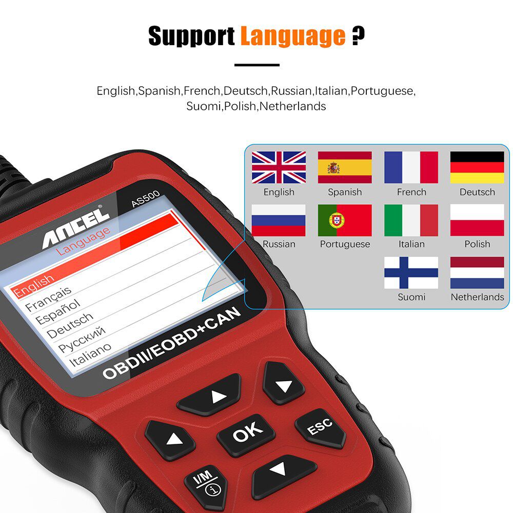 Ancel AS500 OBD2 Scanner Vehicle Engine Code Reader Tester OBD Car Diagnostics Tool Multilingual Free Update ODB II Automotive Scanner