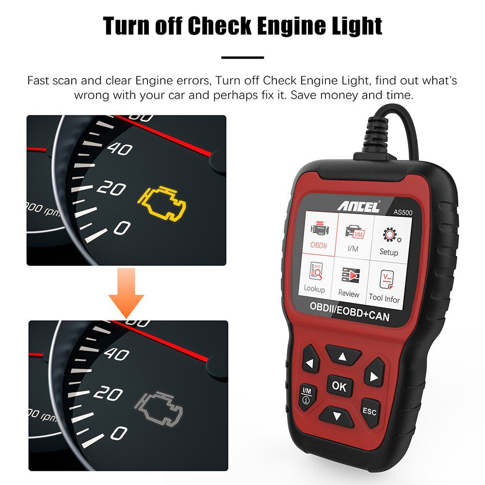 Ancel AS500 OBD2 Scanner Vehicle Engine Code Reader Tester OBD Car Diagnostics Tool Multilingual Free Update ODB II Automotive Scanner