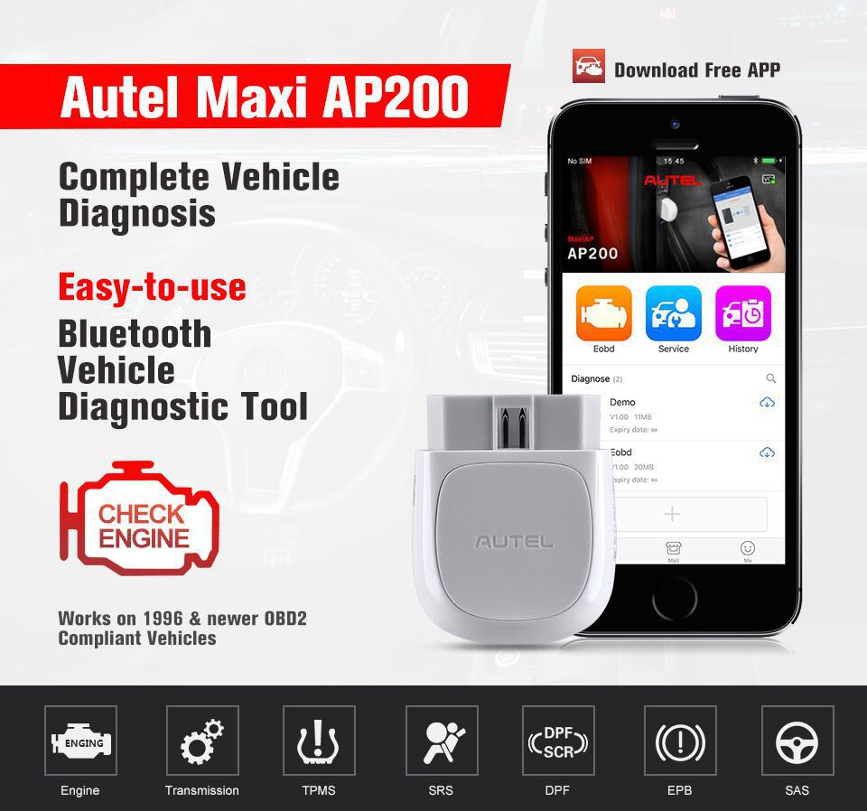 Autel MAXI AP200 Bluetooth Code Reader Full Systems Diagnoses AutoVIN TPMS IMMO Service PK MX808/Launch Easydiag