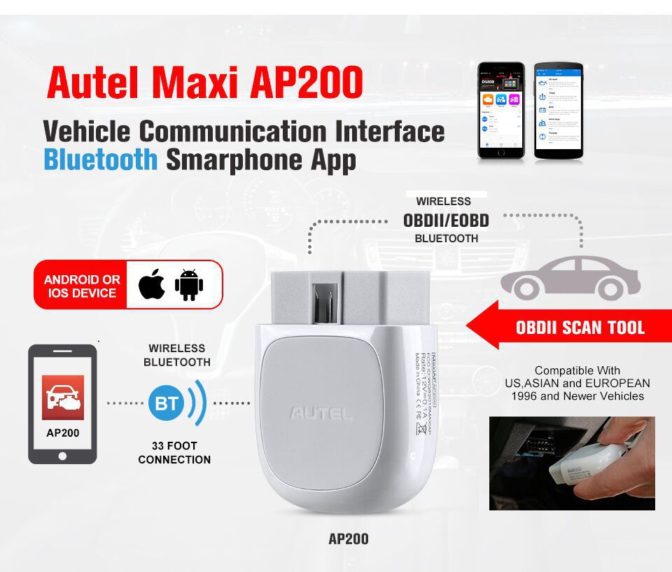 Autel MAXI AP200 Bluetooth Code Reader Full Systems Diagnoses AutoVIN TPMS IMMO Service PK MX808/Launch Easydiag