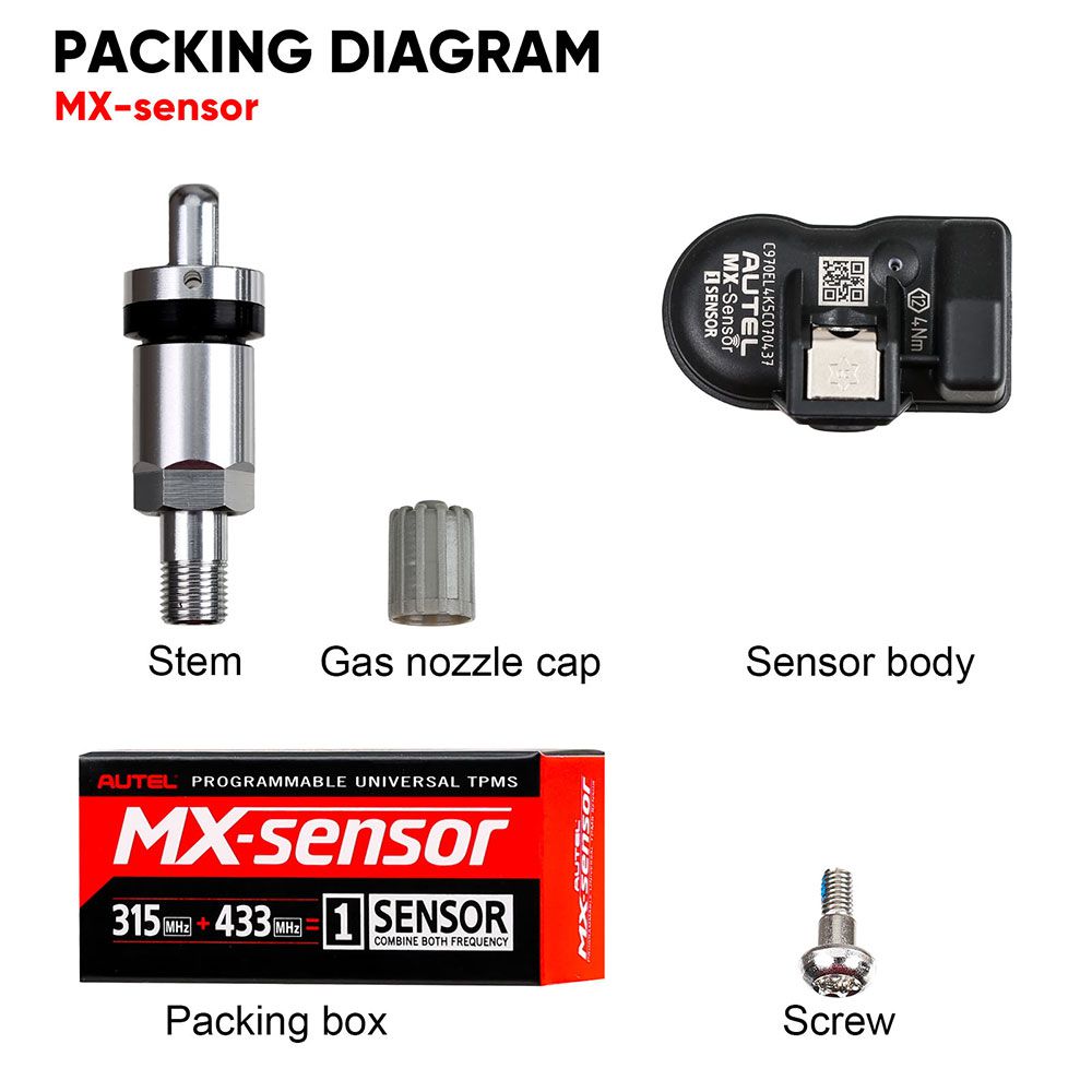 4pcs Autel MX-Sensor 315MHz+433MHz 2 in 1 Universal Programmable TPMS Sensor Metal/Rubber