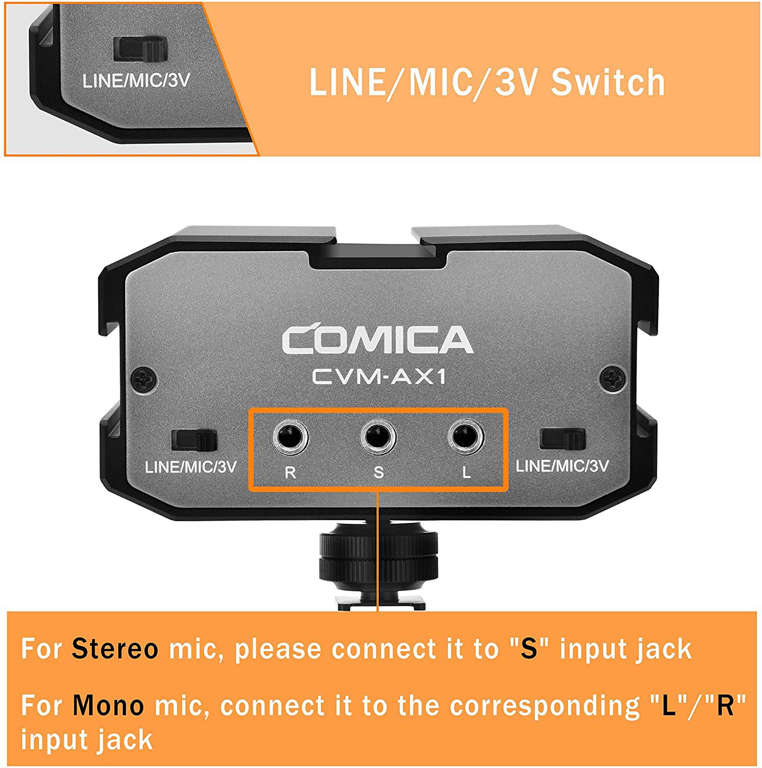 AX1 Audio Mixer Adapter Dual Channels 3.5mm Port Preamp Amplifier Real Time Monitor for DSLR Cameras Camcorders Recording