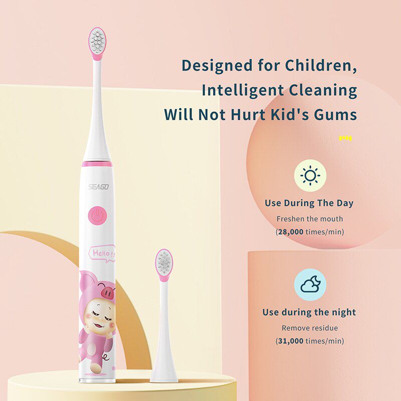 Children Electric Toothbrush Upgraded Kid Safety Automatic Toothbrush Sonic Clean Rechargeable + 2 Replacement Brush Heads