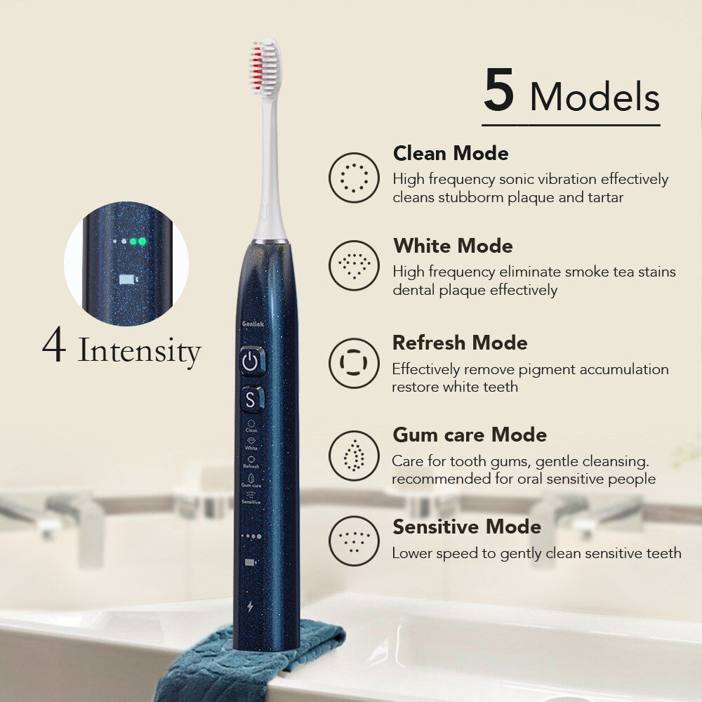 Smart Ultrasonic Sonic Electric Toothbrush IPX7 Waterpoof Cordless USB Wireless Charging Toothbrush Teeth Whitening Kit