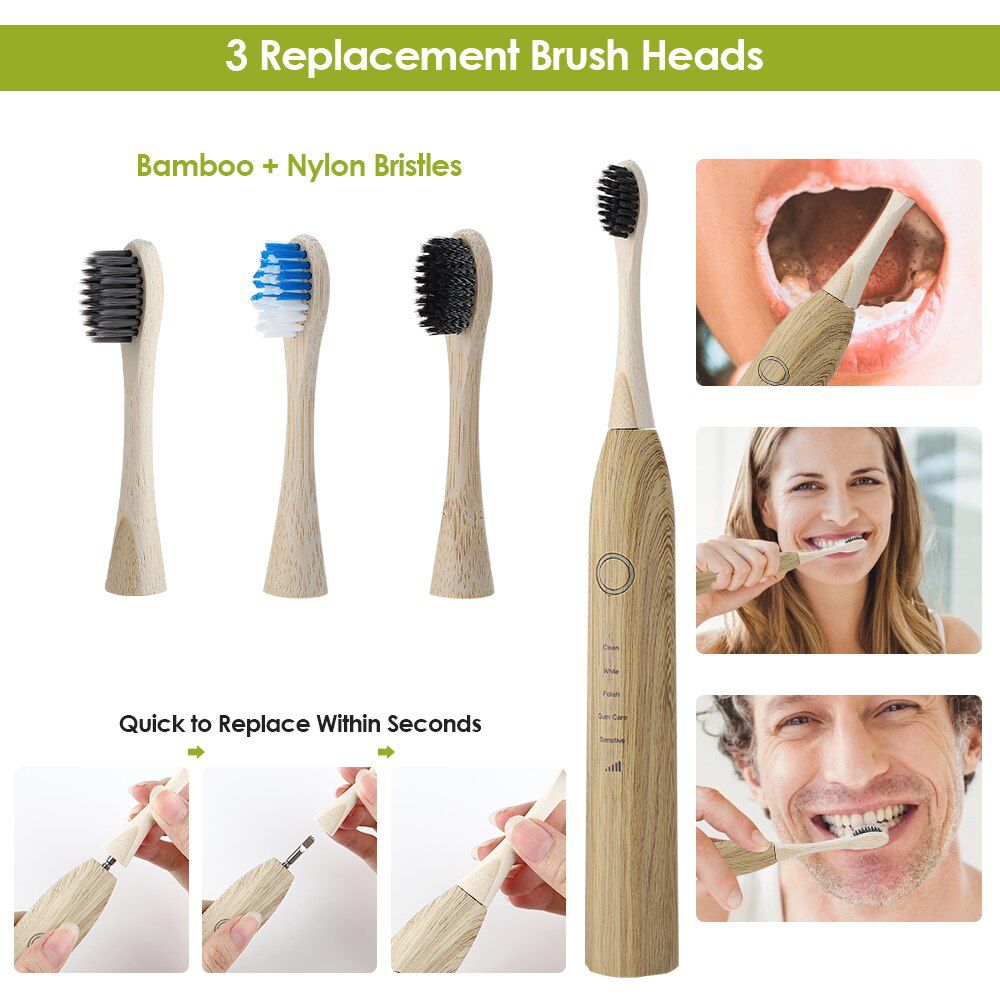 Electric Tooth Brush Electrical Sonic Toothbrush Oral Dental Care Teeth Cleaning Soft Bamboo Toothbrush 5 Adjustable Modes Usb