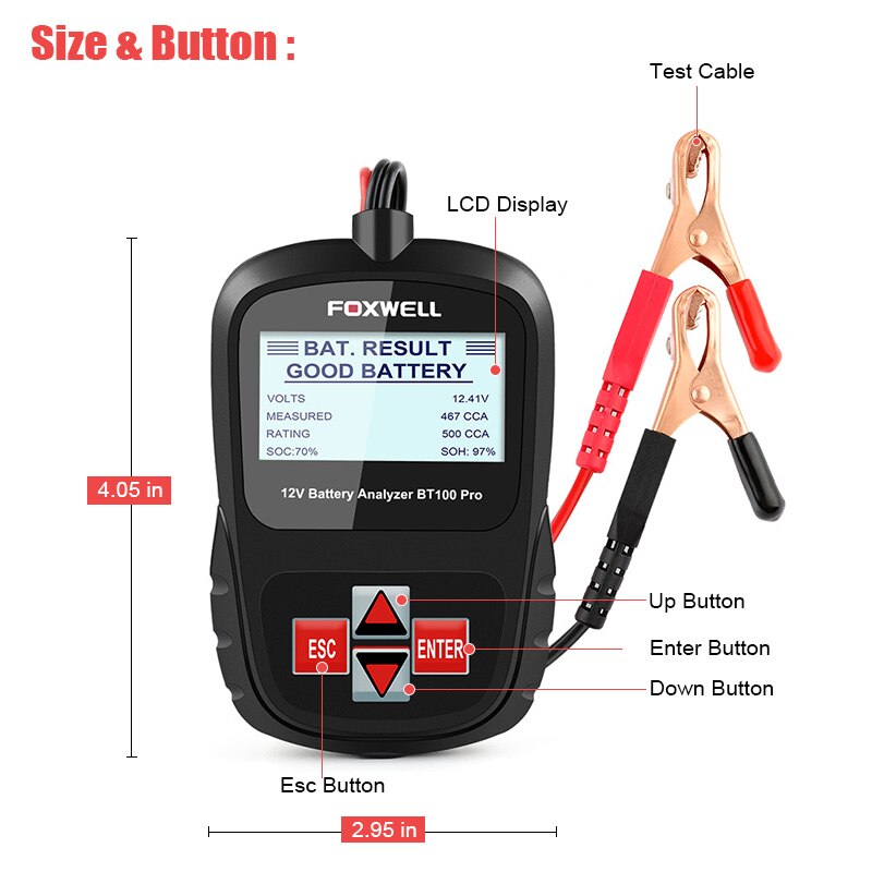 FOXWELL BT100 12V Car Battery Tester for Flooded/AGM/GEL