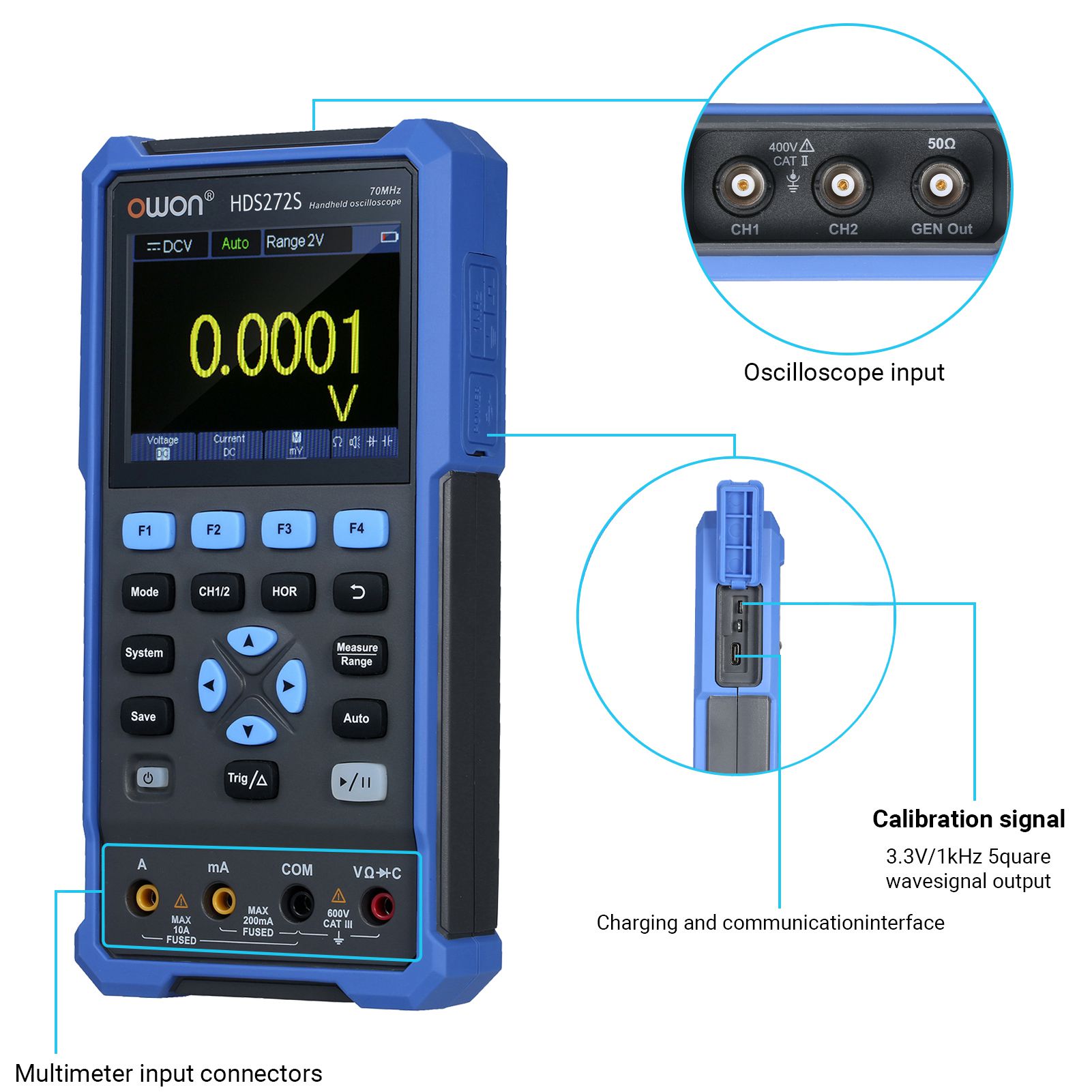 HDS272 Oscilloscope 3-in-1 Digital Oscilloscope Waveform Generator Multimeter 2CH USB TypeC 40/70MHz 3.5 LCD Test Meter