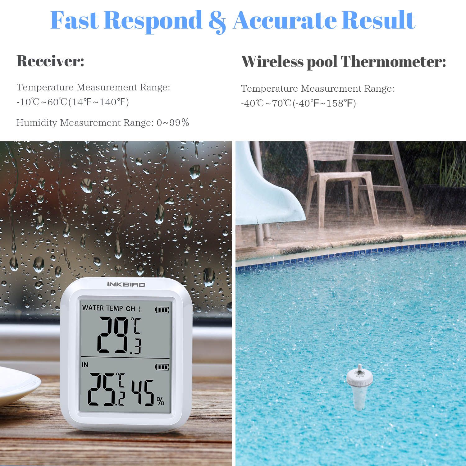 High Accuracy Wireless Pool Thermometer IBS-P02R IPX7 Waterproof Indoor & Outdoor Temperature Monitor for Swimming Pool