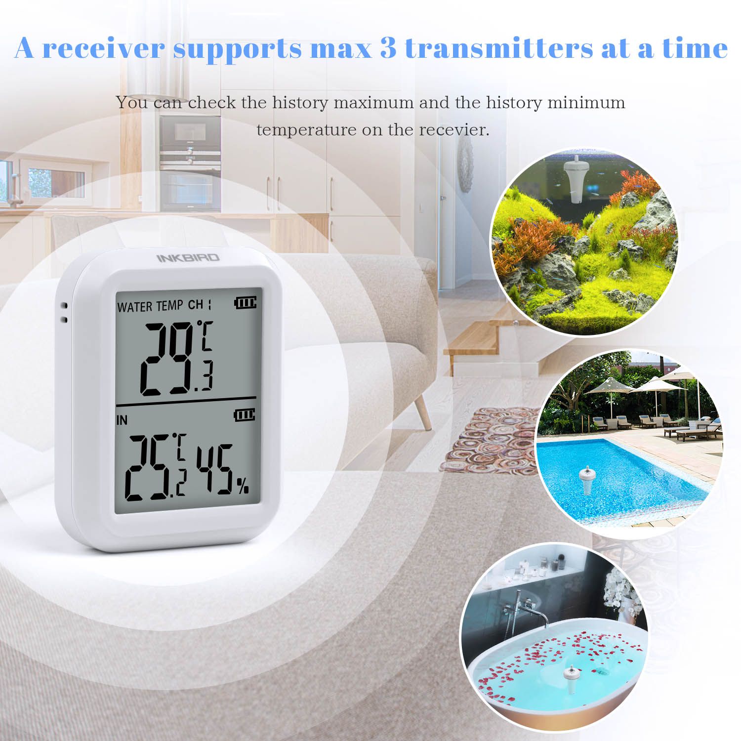 High Accuracy Wireless Pool Thermometer IBS-P02R IPX7 Waterproof Indoor & Outdoor Temperature Monitor for Swimming Pool