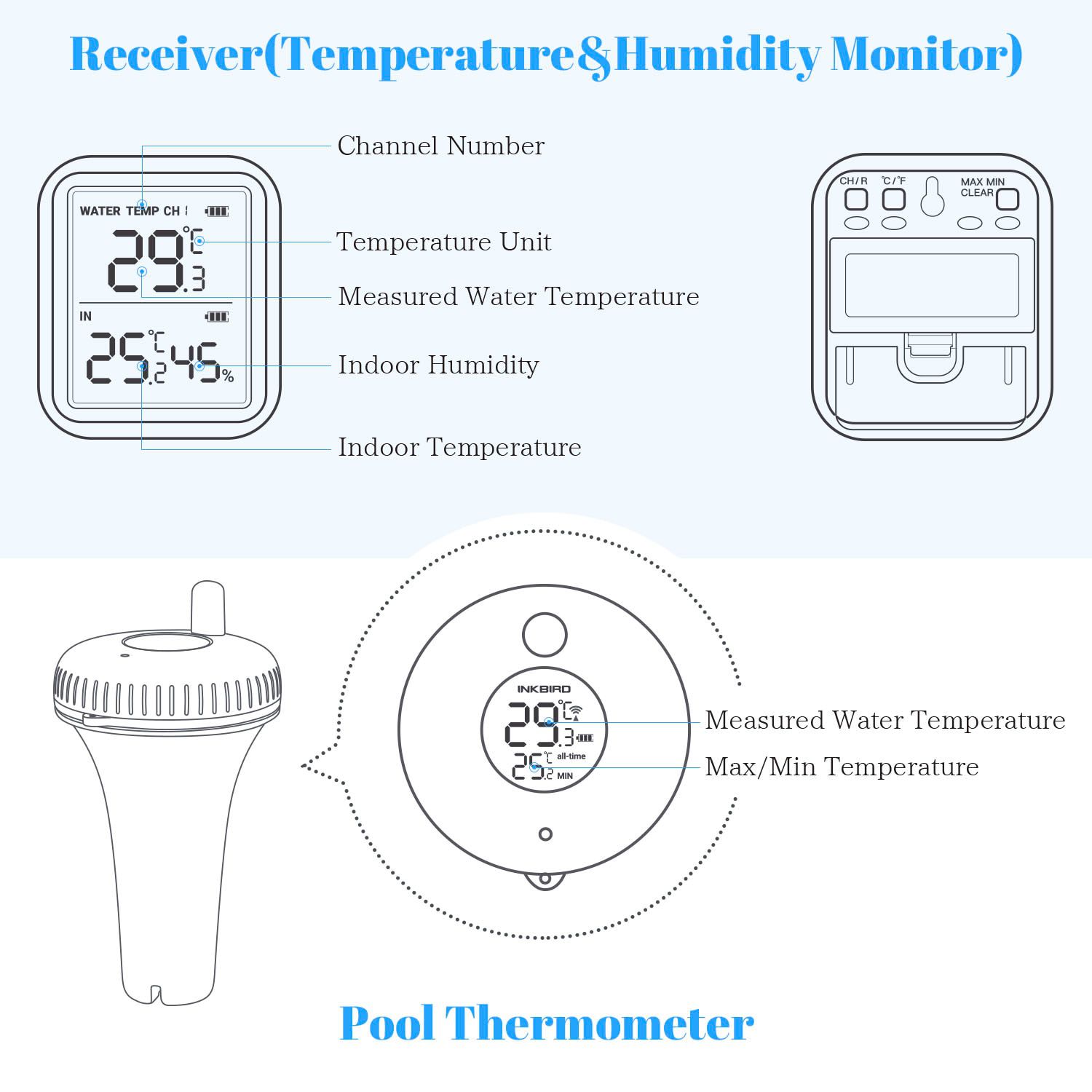 High Accuracy Wireless Pool Thermometer IBS-P02R IPX7 Waterproof Indoor & Outdoor Temperature Monitor for Swimming Pool