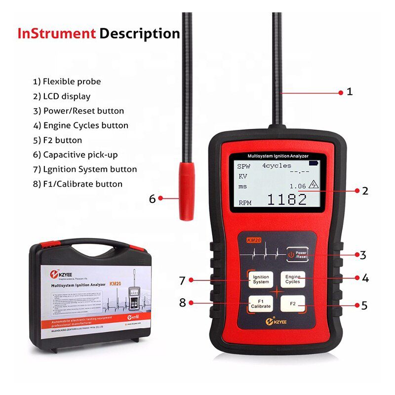 KM20 Multi-system Ignition Analyzer Tester Measure RPM Spark Volt Spark Burn Time Car Spark Plug Tester Spark System Chec