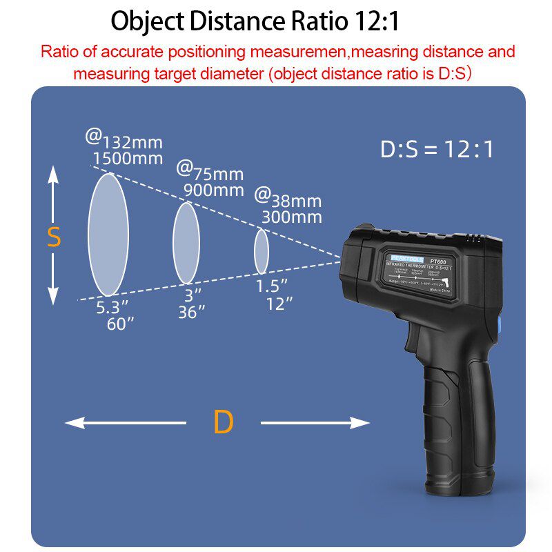 PT380&PT600 Laser Thermometer Non-contact Pyrometer Infrared Thermometer Gun Digital Temperature Meter 600℃ LCD Termometer ℃/℉ Light Alarm