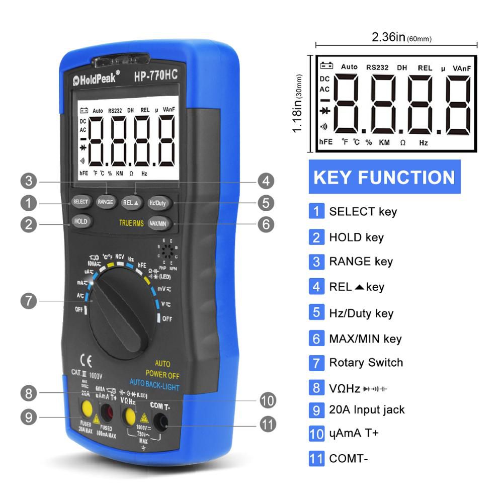 HP-770HC Multimetro HoldPeak Digital Auto Range Multimeter AC DC Voltage Meter Measurement Temperature/ Frequency/ Duty Cycle/ True RMS