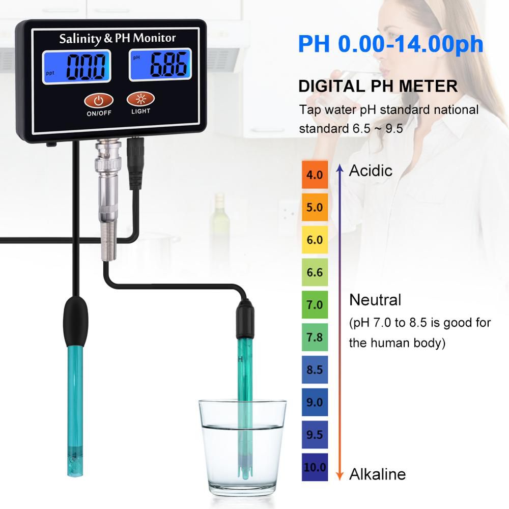 Online PH & Salinity Monitor 2 in 1 Tester for Aquarium Pool Spa Seawater Horticultural Water Quality