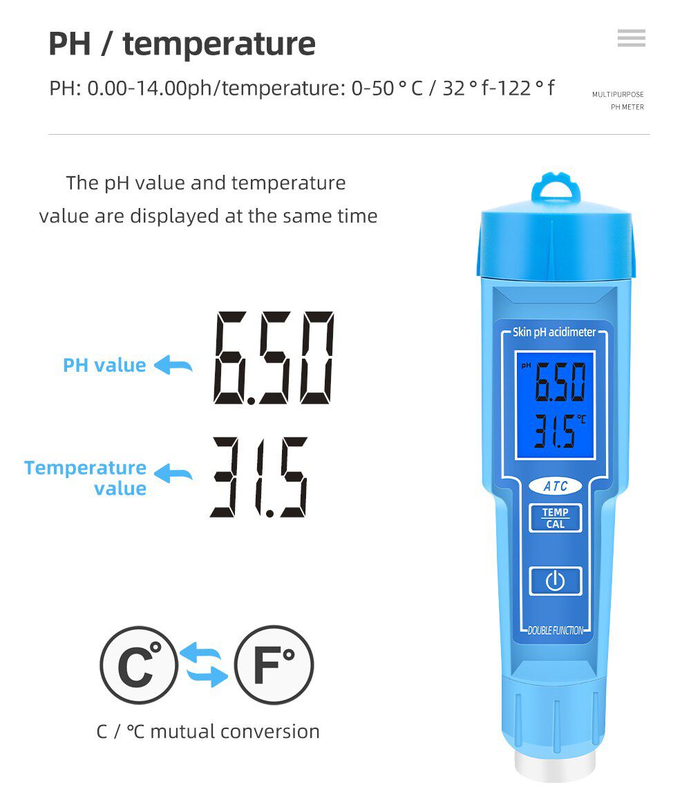 PH-6118 Skin Ph Acdimeter 2 in 1 Skin PH Tester PH Meter Automatic Calibrating With Backlight for Meat Fruit Milk Lab