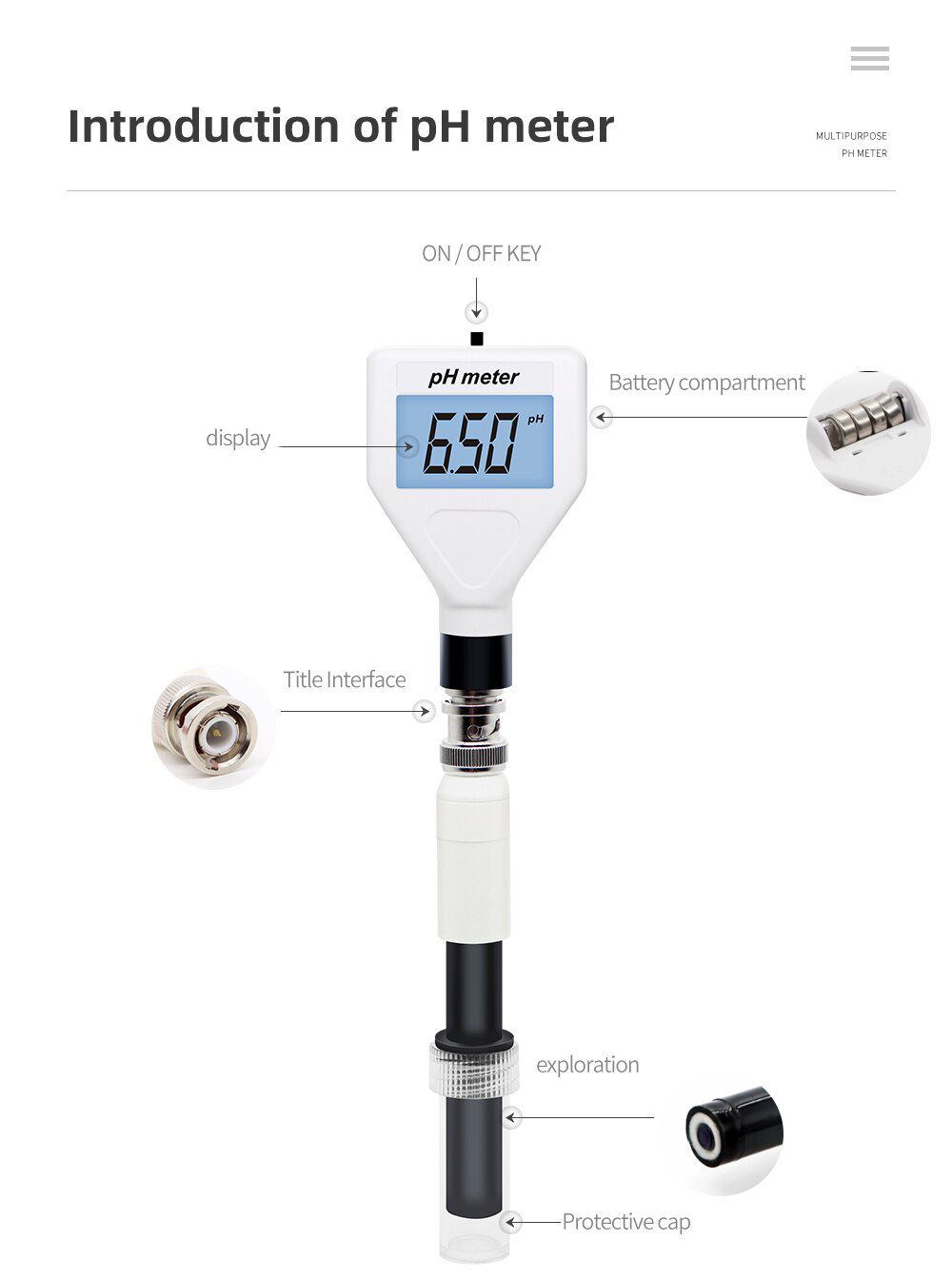 PH-98218 Skin PH Acidimeter Professional Skin PH Tester PH meter Replaceable Probe LCD Backlight for Skin Fruit Meat Cosmetics