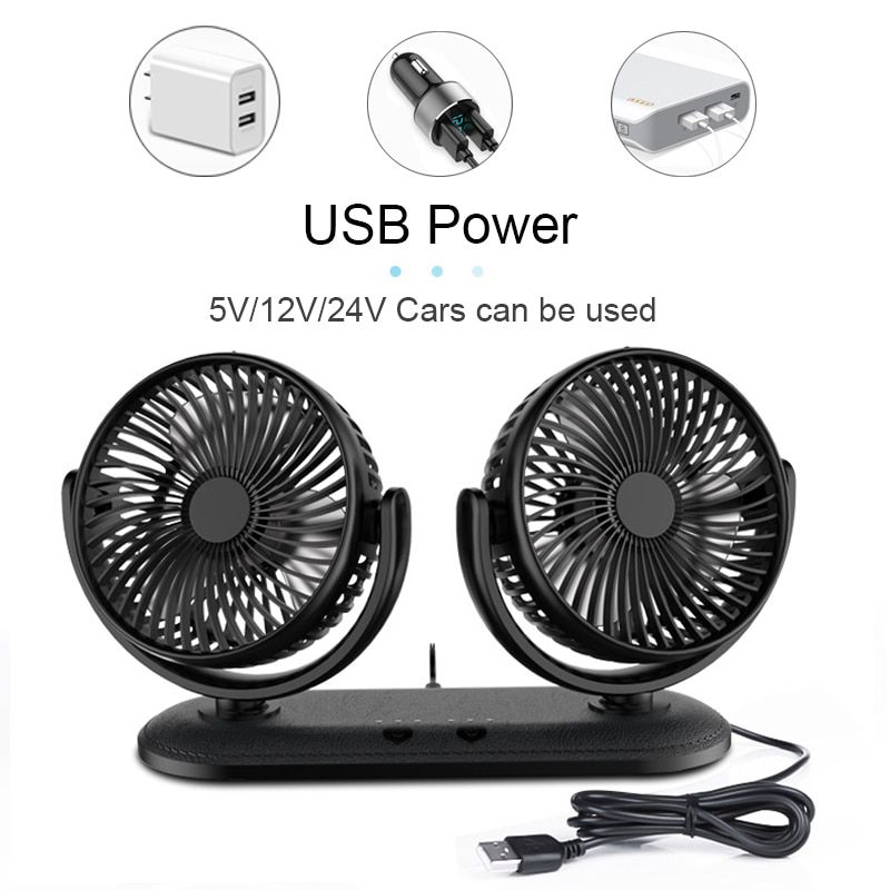 12/24V Portable Mini Car Fan 360 Degree All-Round Adjustable Auto Air Cooling Dual Head Usb Fans Quiet Small Desktop Fan