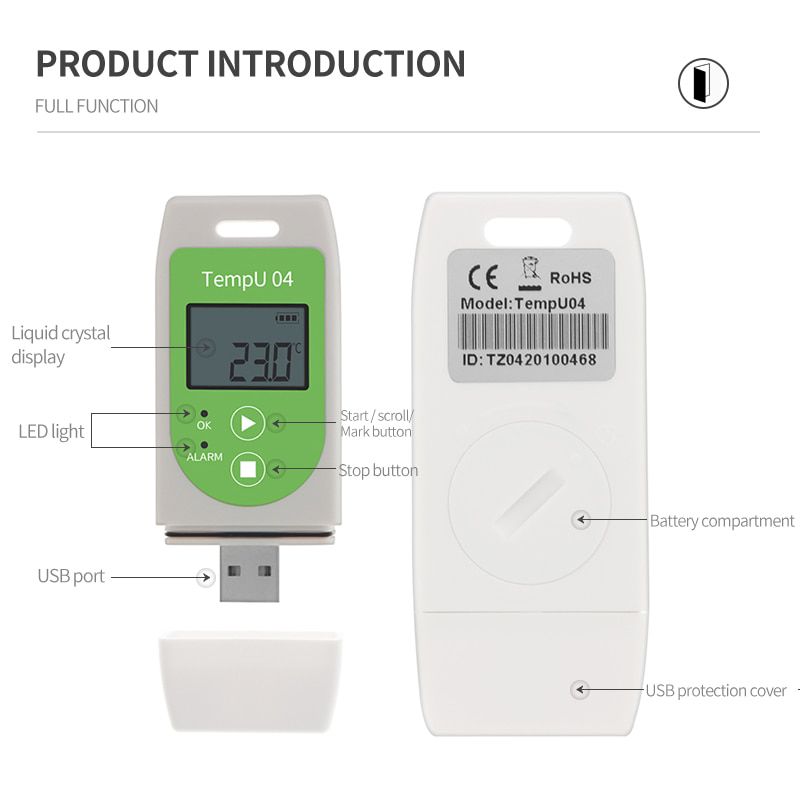 TempU 04 USB Temp Data Logger Temperature data Logger Recorder Recording Meter with 32,000 Capacity PDF Report Record Instrument