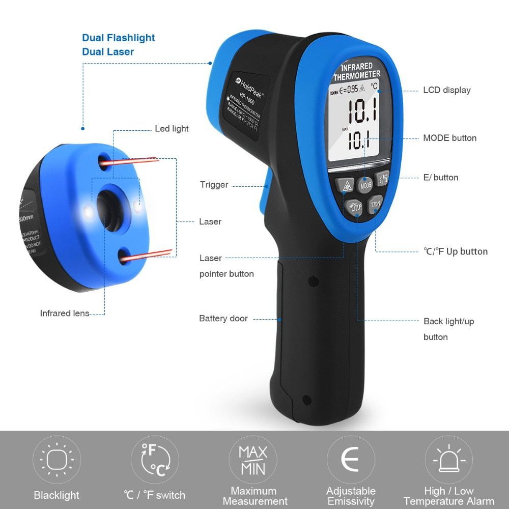 HP-1500 Thermometer Dual Laser Thermometer with Color LCD Screen -58℉~2732℉Non-Contact Temperature Gun, for Cooking/BBQ Casting