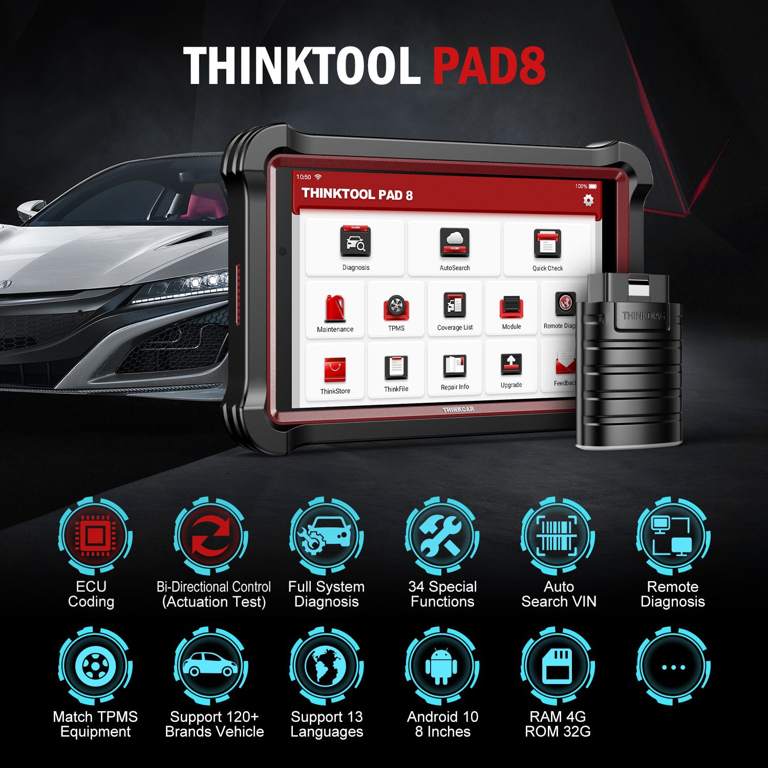 THINKCAR THINKTOOL PAD8 OBD2 Auto Diagnostic Tool ECU Coding Active Test IMMO ABS EPB Oil Reset Professional Automotive Scanner