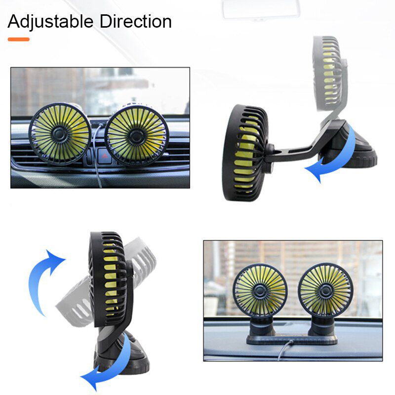 USB All-Round Adjustable Dual-Head Fan 12V 24V 360 Degree Car Cooling Fan Three Speed Control Low Noise Air Cooler