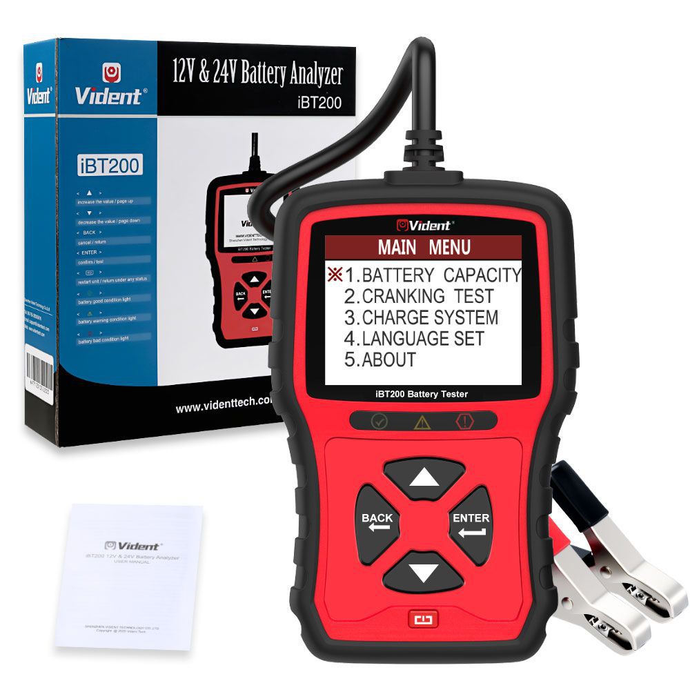 VIDENT iBT200 9V-36V Battery Tester for 12V Passenger Cars and 24V Heavy Duty Trucks 100 to 2000CCA Car Battery Analyzer