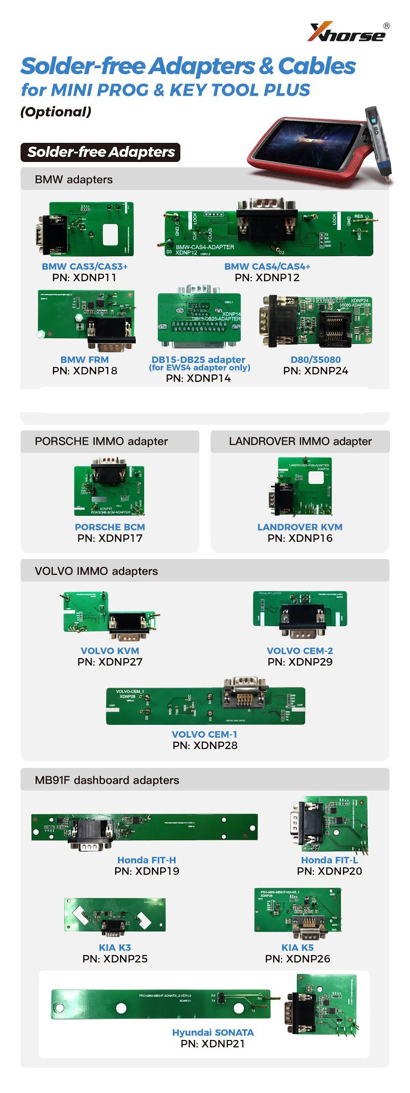 Xhorse Solder-Free Adapters and Cables Full Set XDNPP0CH 16pcs 